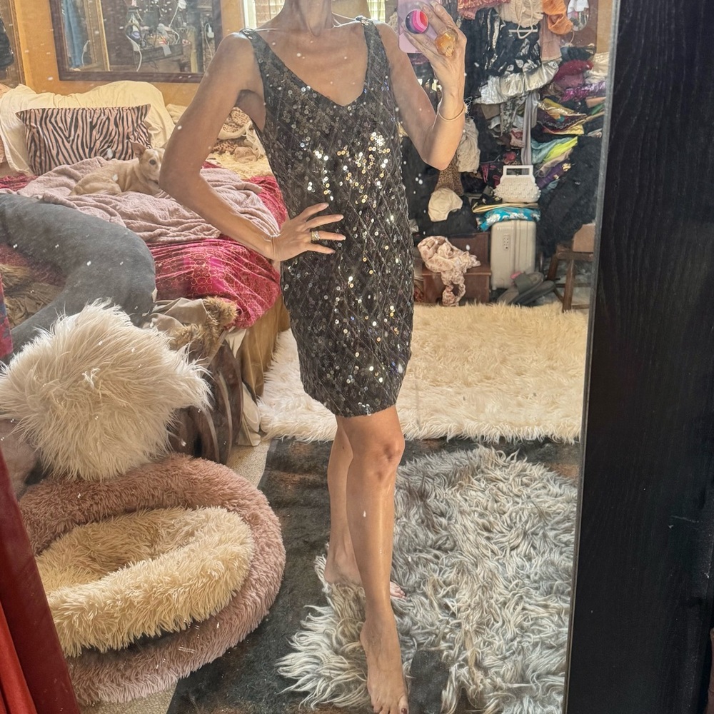 Vintage Velvet sequin V neck cocktail party mini S XS Sleeveless Dress